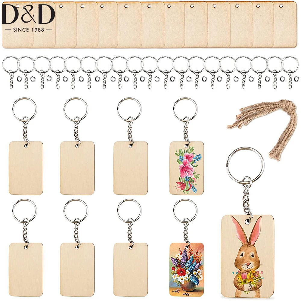 

60pcs Blank Wooden Key Chains Rectangle Wood Key Chain Tags to Paint Personalized Key Rings for Engraving DIY Tags Key Craft