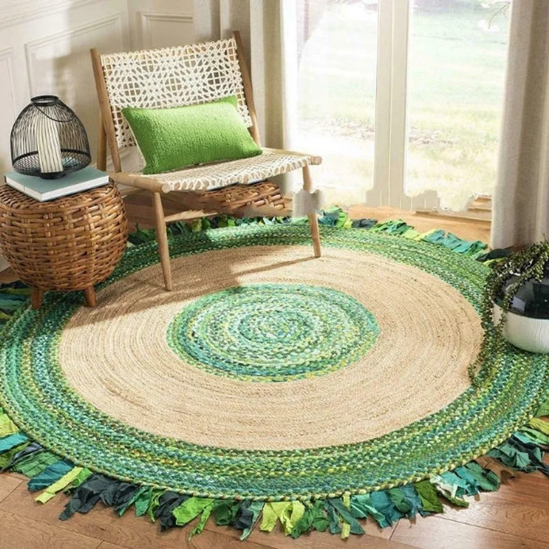 Rug 100% Natural Jute and Cotton Bohemian Reversible Round Area Dhurrie Carpet Bedroom Decor Rug