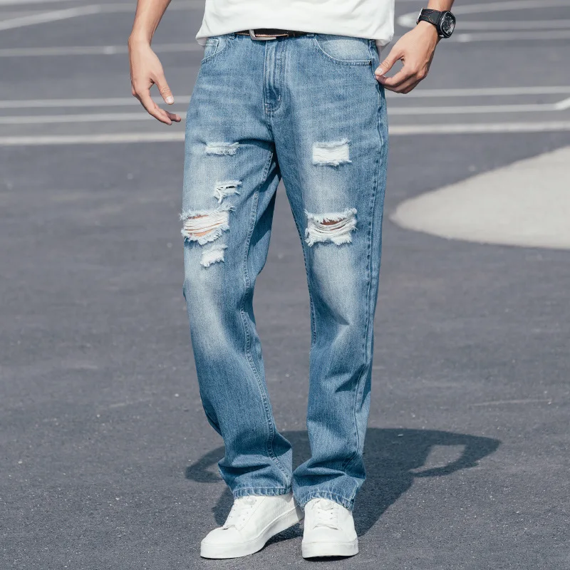 New Fashion Ripped Men Jeans  Pants Summer Thin Section Big Size Breathable Straight Leisure Blue Tattered Denim Trousers