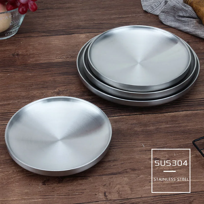 

Korean 304 Stainless Steel Plate Thicken Home Fruit Plate Disc Double Anti-scald Tableware