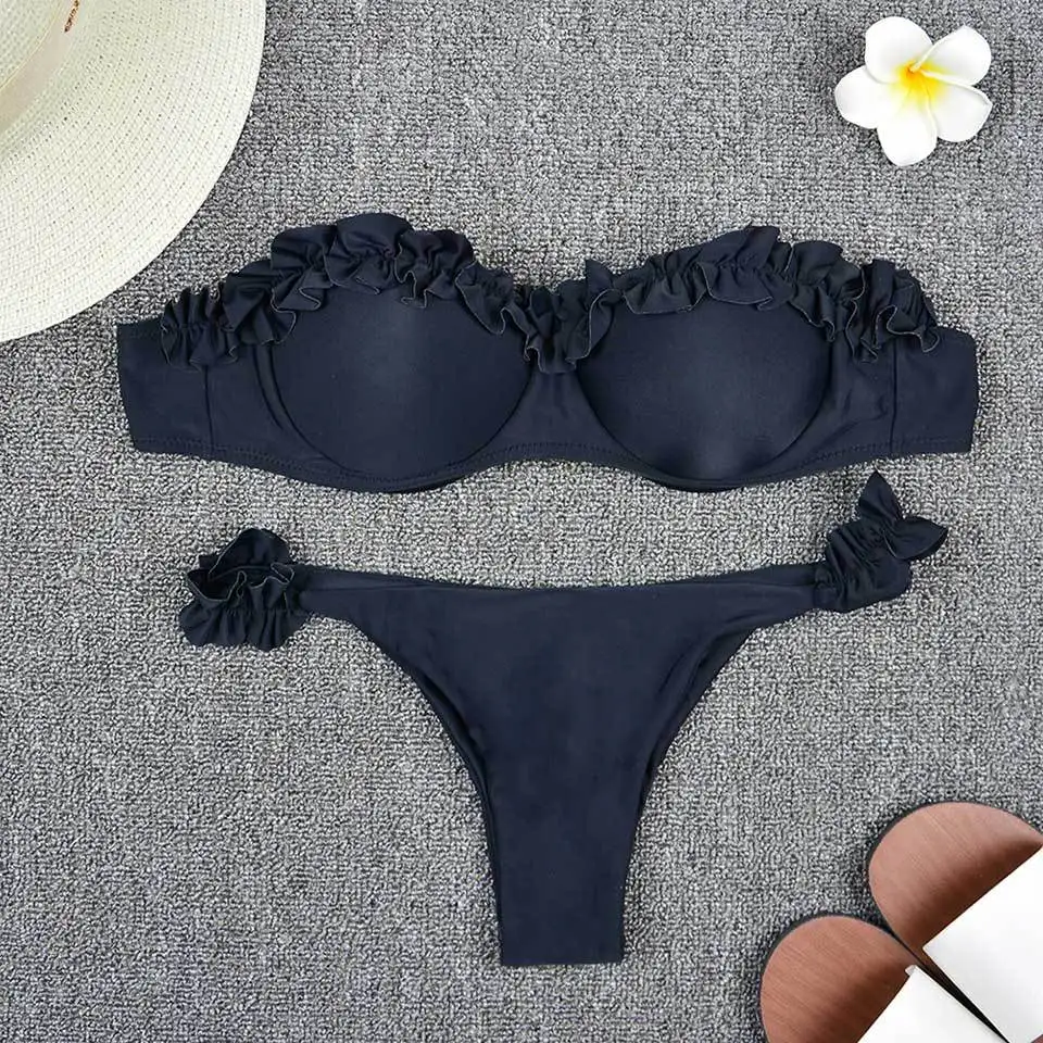 Bandeau Bikini Swimwear Women Swimsuit Sexy Ruffle Set Push Up Bathing Suit Female Brazilian Solid Color 2021 | Женская одежда