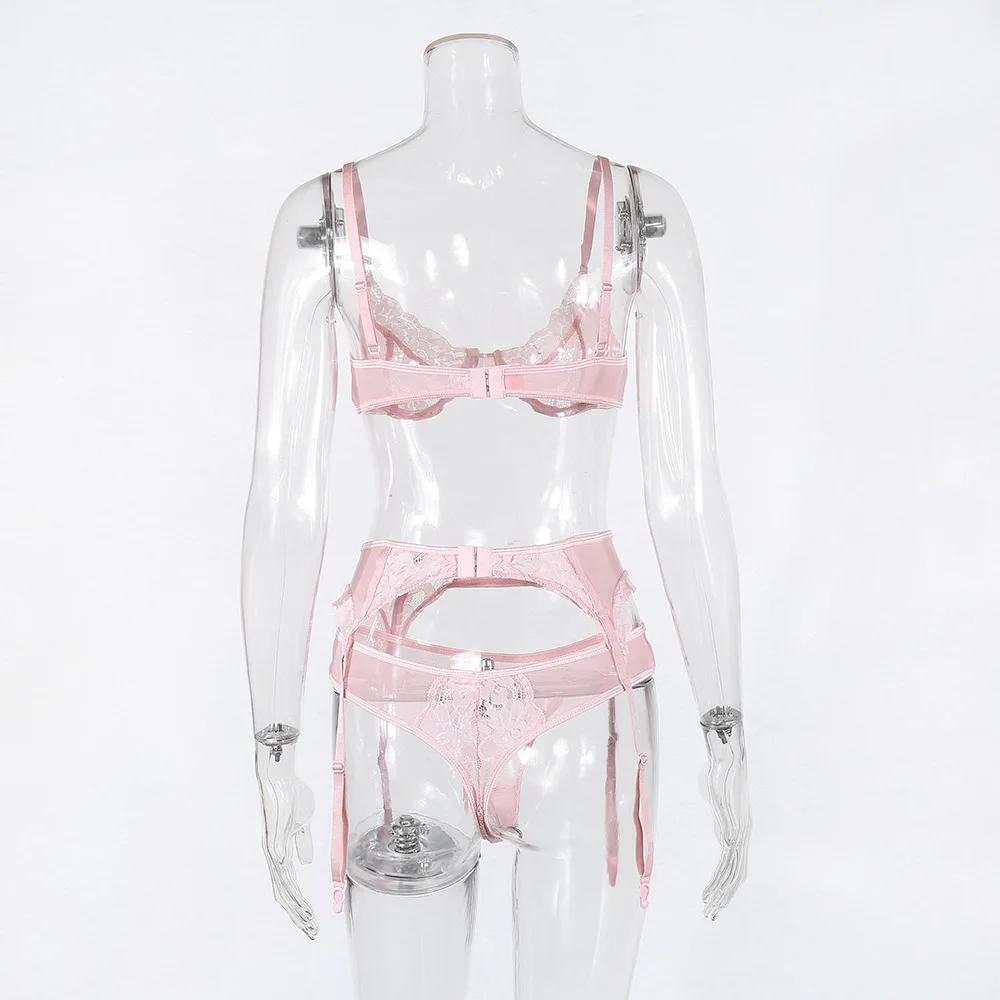 

Sexy Women Lingerie Bra Lace Panty G-string Garters Set Pink Exotic Underwear Translucent Lace Bra and Panty Set 2020 NEW