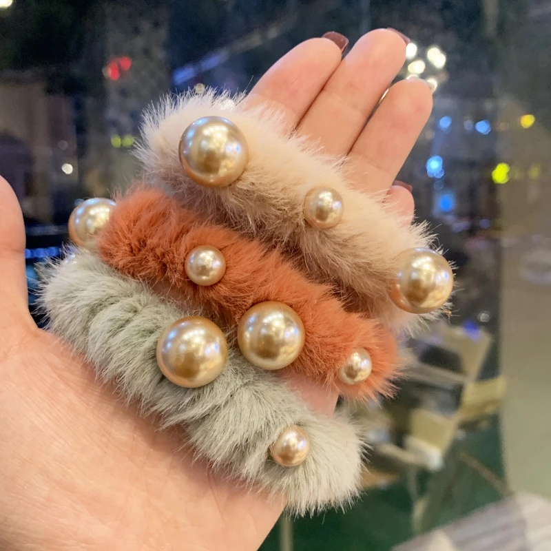 1 шт. модная зимняя плюшевая резинка для волос с жемчугом девочек Бусины