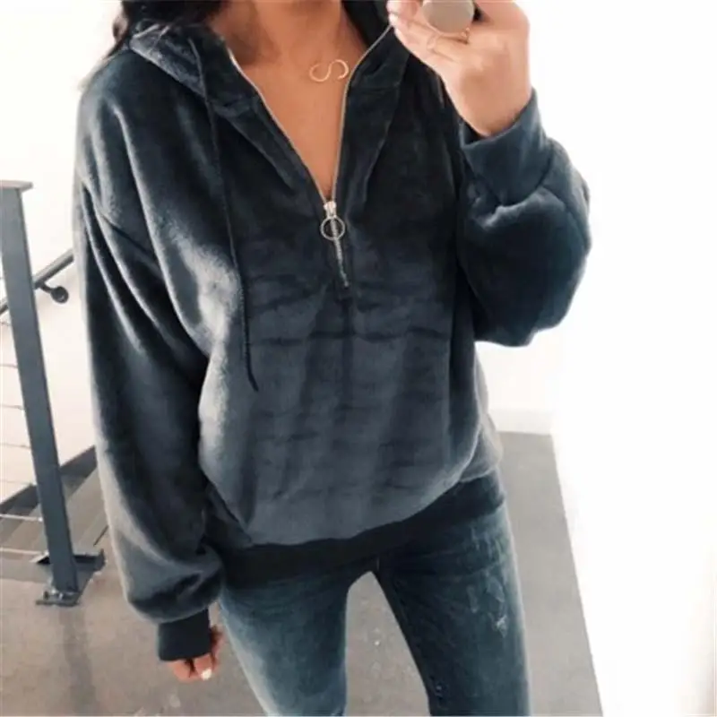 Женский плюшевый свитшот на молнии теплая розовая толстовка с капюшоном Осень