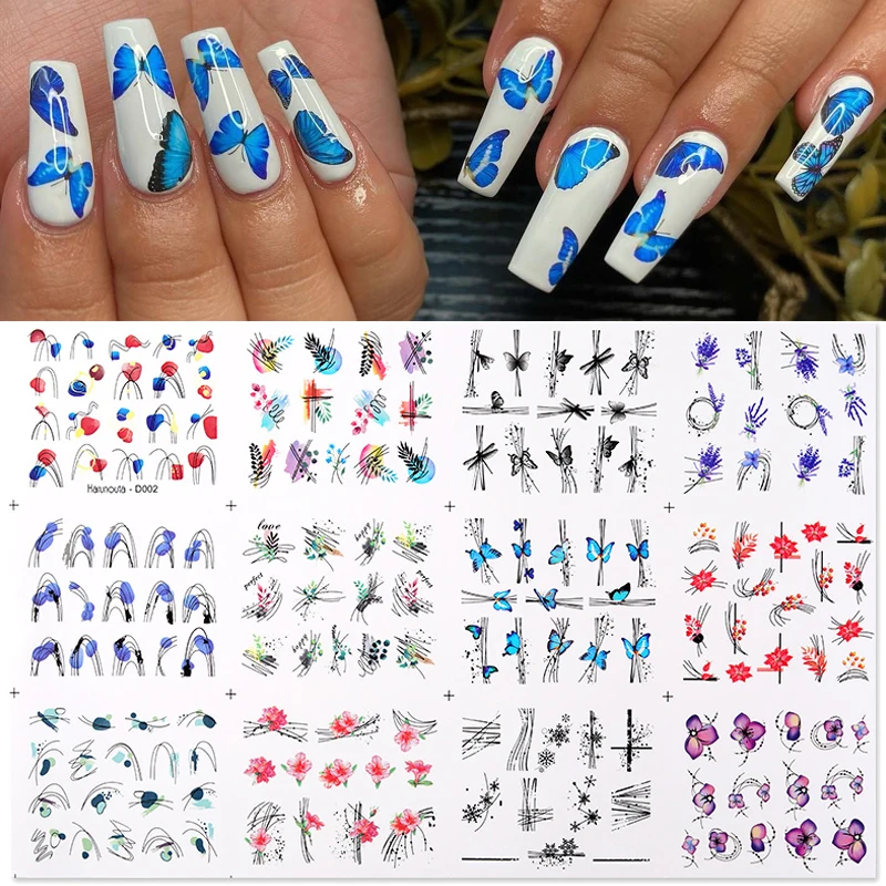 

12 Designs Spring Theme Geometric Flower Leaves Nail Stickers Set Face Image Butterfly Fruit Decals Sliders Manicures Decoration