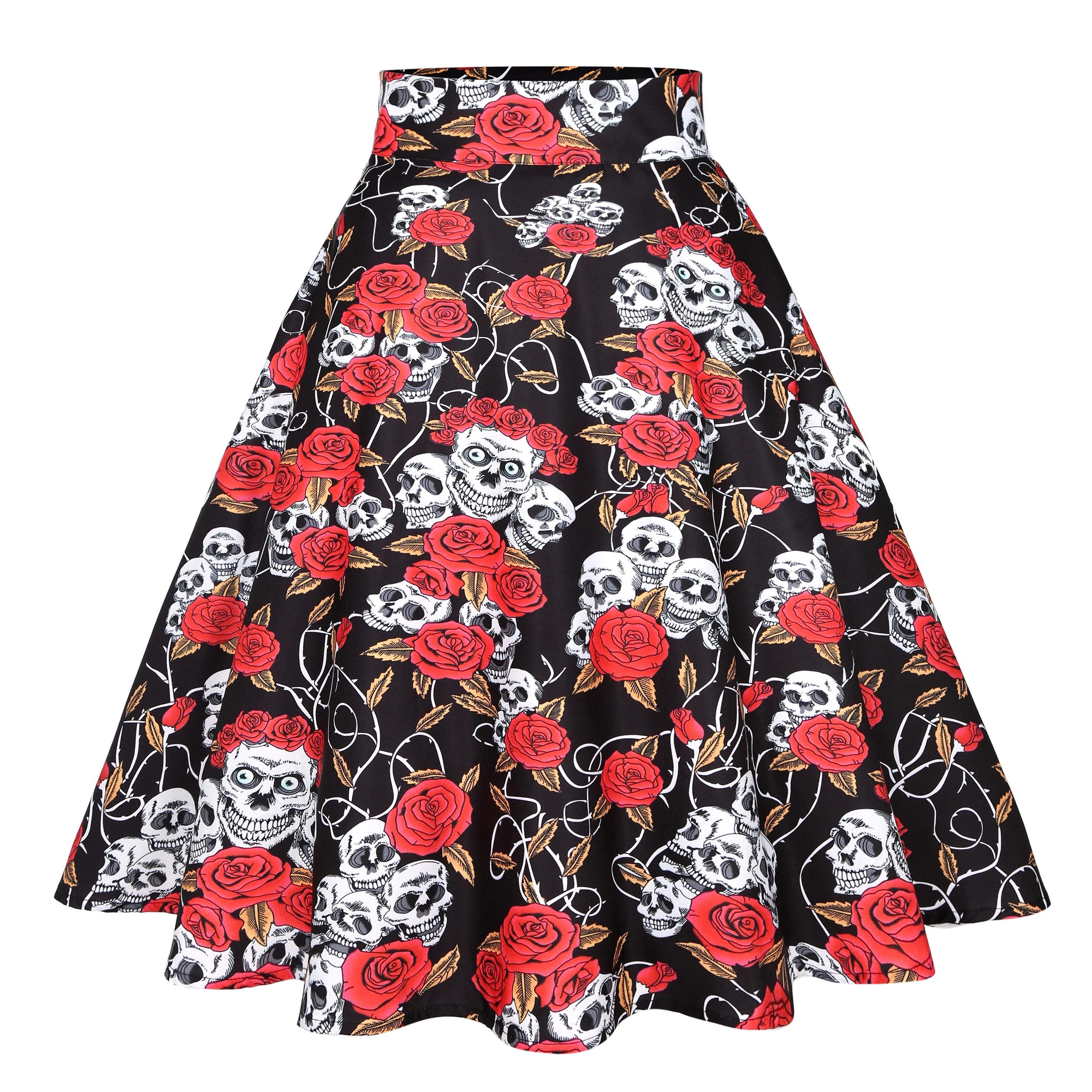 

2022 Spring New Vintage Floral Women Midi Skirt Black Skull Rose Print Robe Individuality Retro Umbrella Pleated Chic Skirts