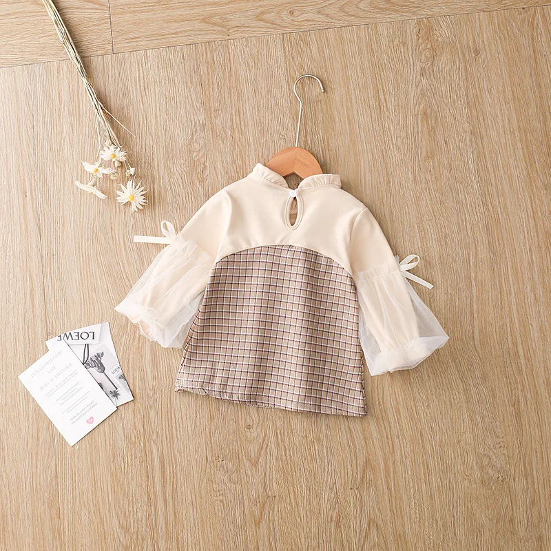 

New Spring Autumn Girls Sweet Bubble Sleeve Dress Infant Fashion Plaid Suspender Skirt Baby Fake Two Dresses Kids Girl Clothes