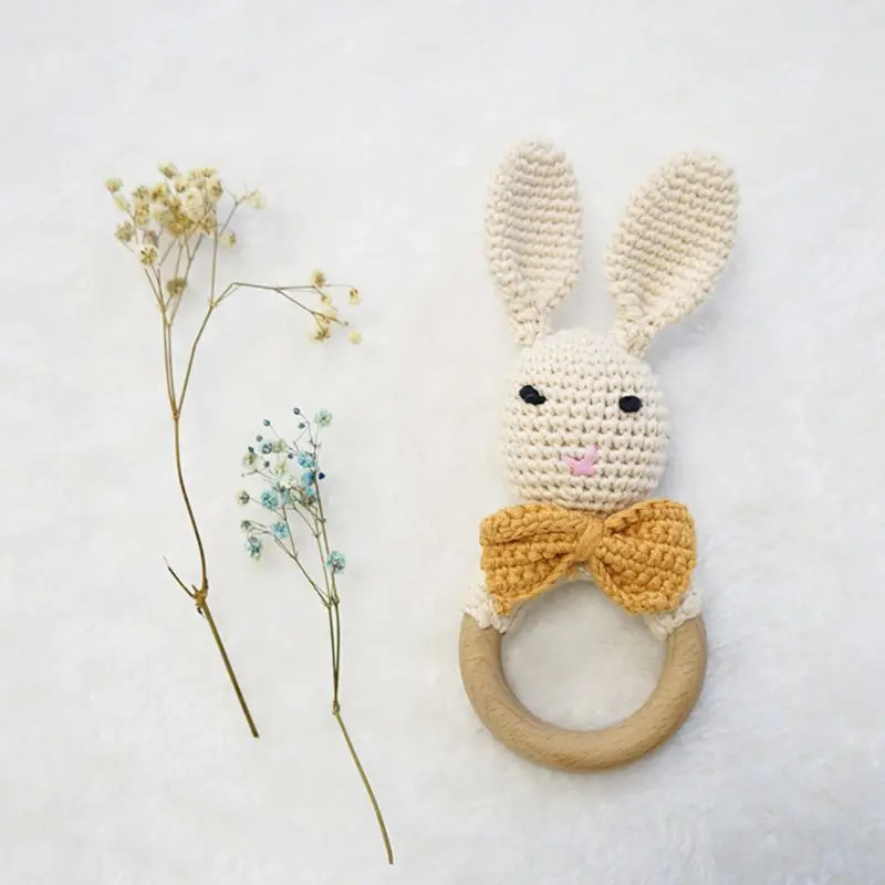 Детский деревянный Прорезыватель кольцо DIY вязаный кролик погремушка пустышка
