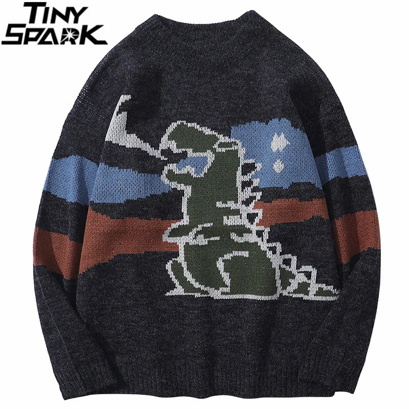 

Вязаный свитер в стиле хип-хоп, уличная одежда, пуловер с принтом динозавра, 2021, Мужской Повседневный хлопковый свитер в стиле Харадзюку на о...