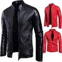mens jackets artificial leather rhombus solid casual stand collar slim fit coats mens clothing