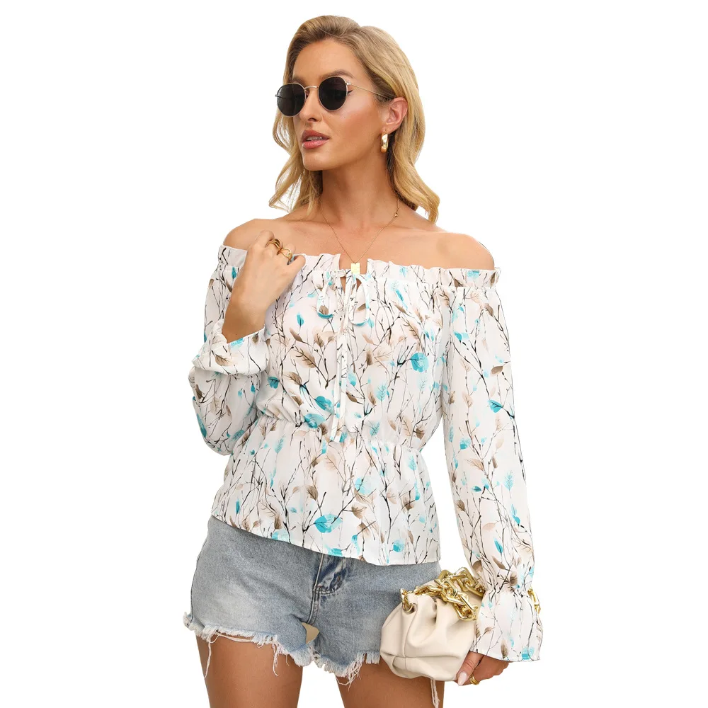 

Fashion Elegant Pullover Print Shirts Women Spring Off Shoulder Blouse Casual Long Sleeve Tunic Tops Loose Work Blusas Femininas