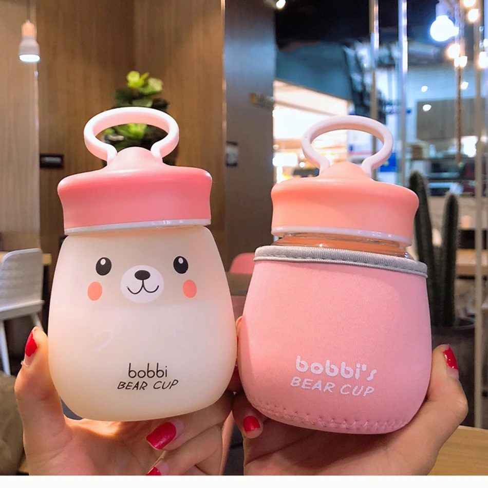 Kawaii стеклянная бутылка для воды, портативная чашка с милым медведем, чайное ситечко, герметичная Питьевая Бутылка для девочек, студентов, детей