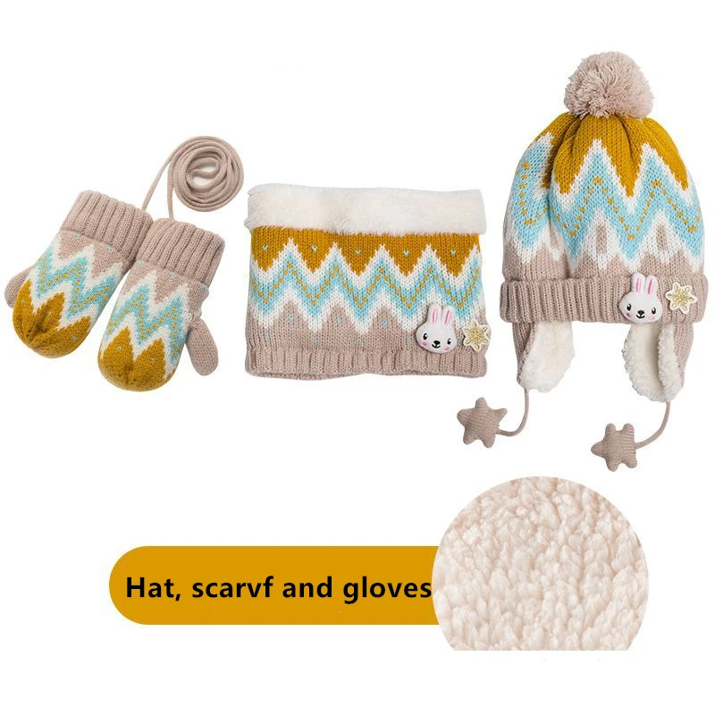 Gloves Hat And Scarf Зимний детский шарф, шапка и наборы с перчатками, детская шапка со снежинками и шарфом из мультфильма, теплые бархатные шапочки - Цвет: Gloves Hat And Scarf