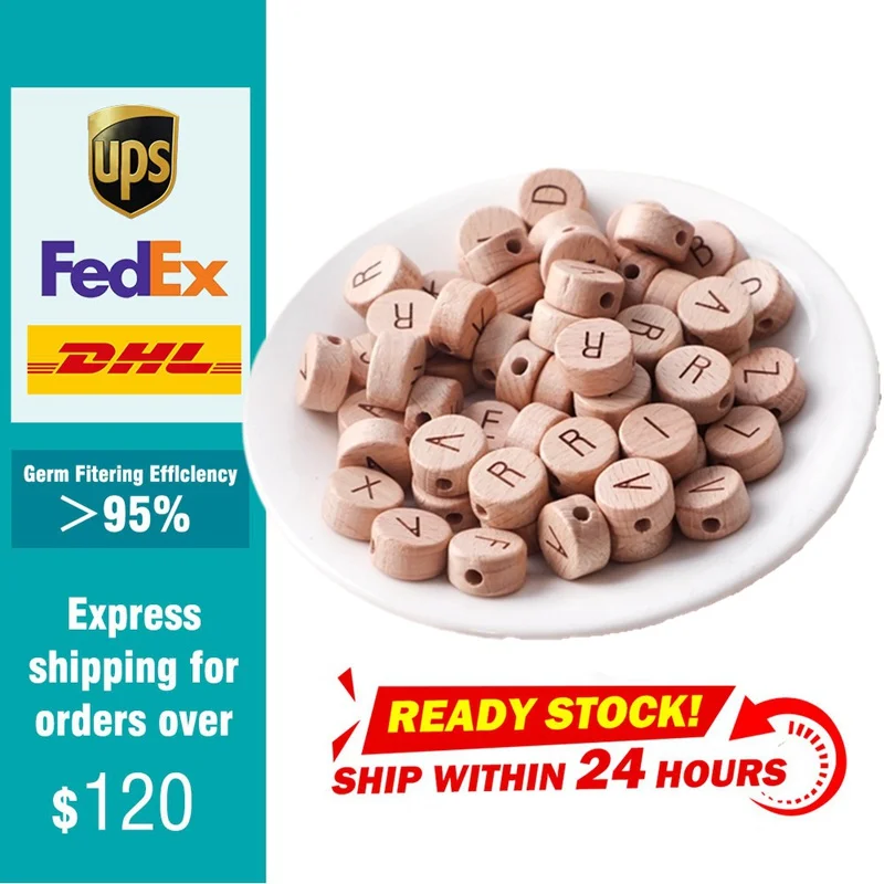 Collar de cuentas de madera para dentici&oacute;n de beb&eacute;, colgante de grado alimenticio con letras en ingl&eacute;s, accesorios para chupete, Clips de dentici&oacute;n Natural, 30 Uds.-2