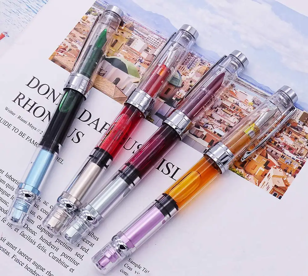

Upgraded Colorful Wing Sung 3008 Piston Transparent Fountain Pen Wingsung Silver EF/F Nib & Trim Ink Pen Office School Gift
