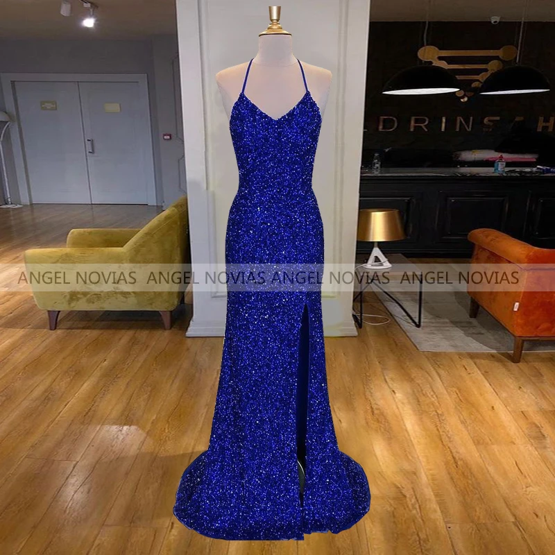 

ANGEL NOVIAS Long Mermaid Roayl Blue Lace Evening Dresses 2021 with Slit Women Formal Prom Gowns Vestidos De Fiesta