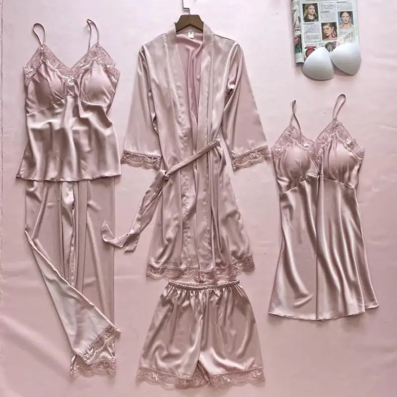 

Female Kimono Bathrobe Gown 5PCS Pajamas Suit Satin Nightwear Sexy Sleep Set Casual Intimate Lingerie New Arrival Homewear