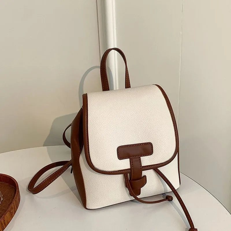 

2021 Fashion Panelled Women's Backpack High Quality Waterproof PU Soft Light Large Capacity Travel School Bag Retro Flip Cover