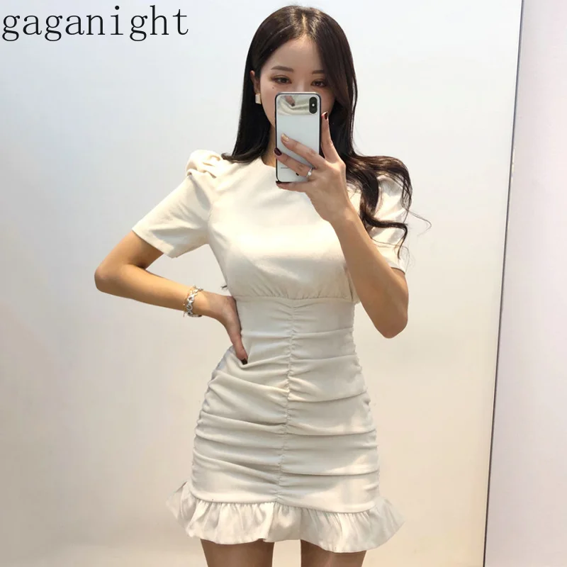 Gaganight Corduroy Solid Fashion Women Mini Short Dress Ruched Slim Bodycon Ruffles Dresses Female Chic Party Vestidos 2021 New | Женская