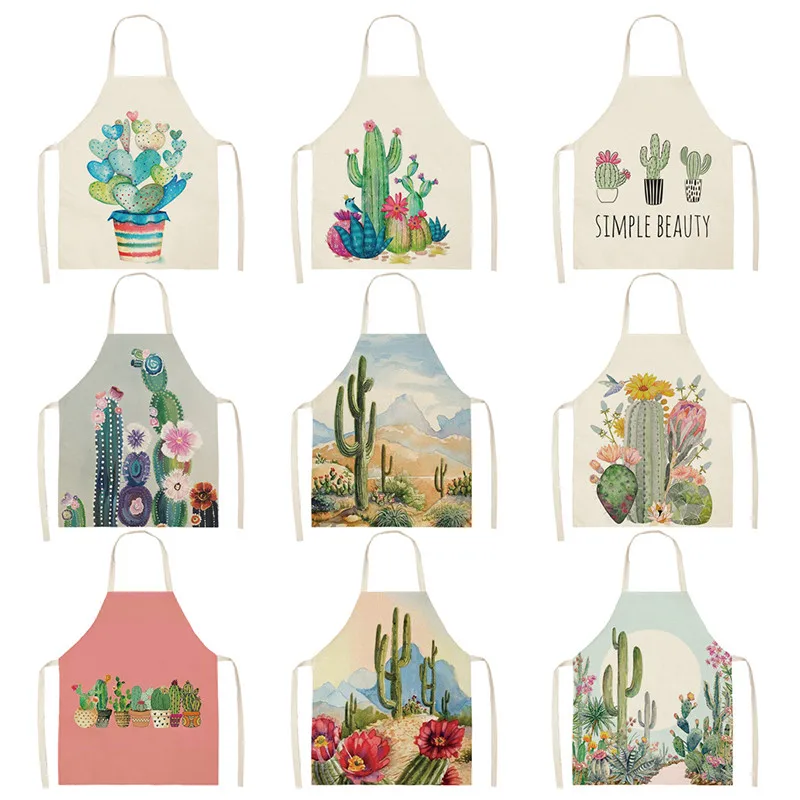 

Cactus Flower Pattern Kitchen Apron Sleeveless Cotton Linen Aprons Home Cooking Clolorful Baking Bibs Cleaning Tools for Woman