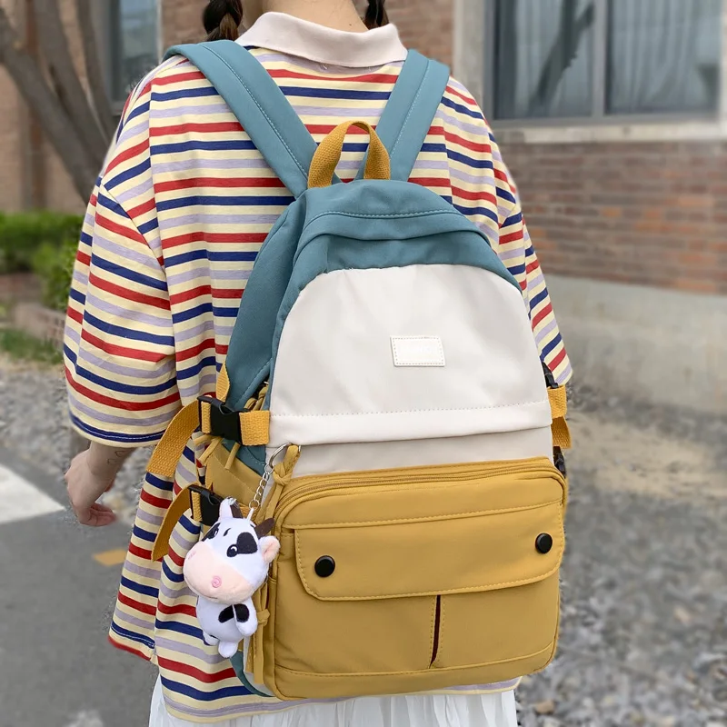 

DCIMOR New Contrast Color Women Backpack Female Waterproof Nylon Travel Bag Fashion Multiple Pocket Schoolbag for Teenage Girls