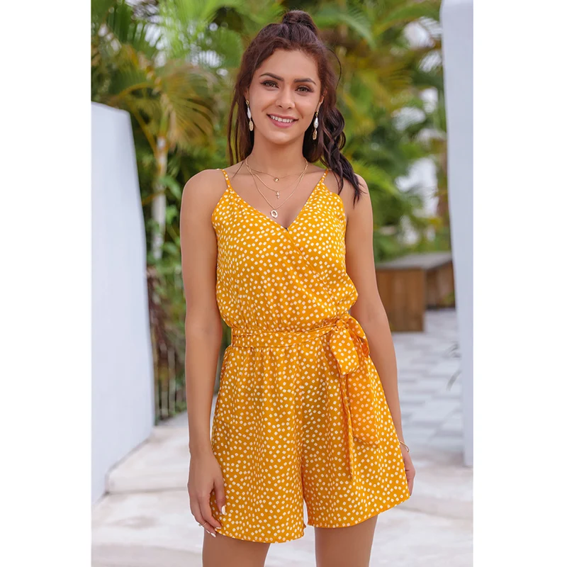 

Foridol Strap Backless Polka Dot Red Rompers Playsuit Overalls for Women Casual Wide Leg Beach Summer Boho Yellow Romper 2021