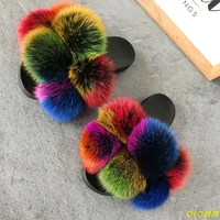 pom pom fur slippers for women fluffy real fox fur slides furry raccoon fur sandals ladies cute fur ball flip flops rainbow shoe