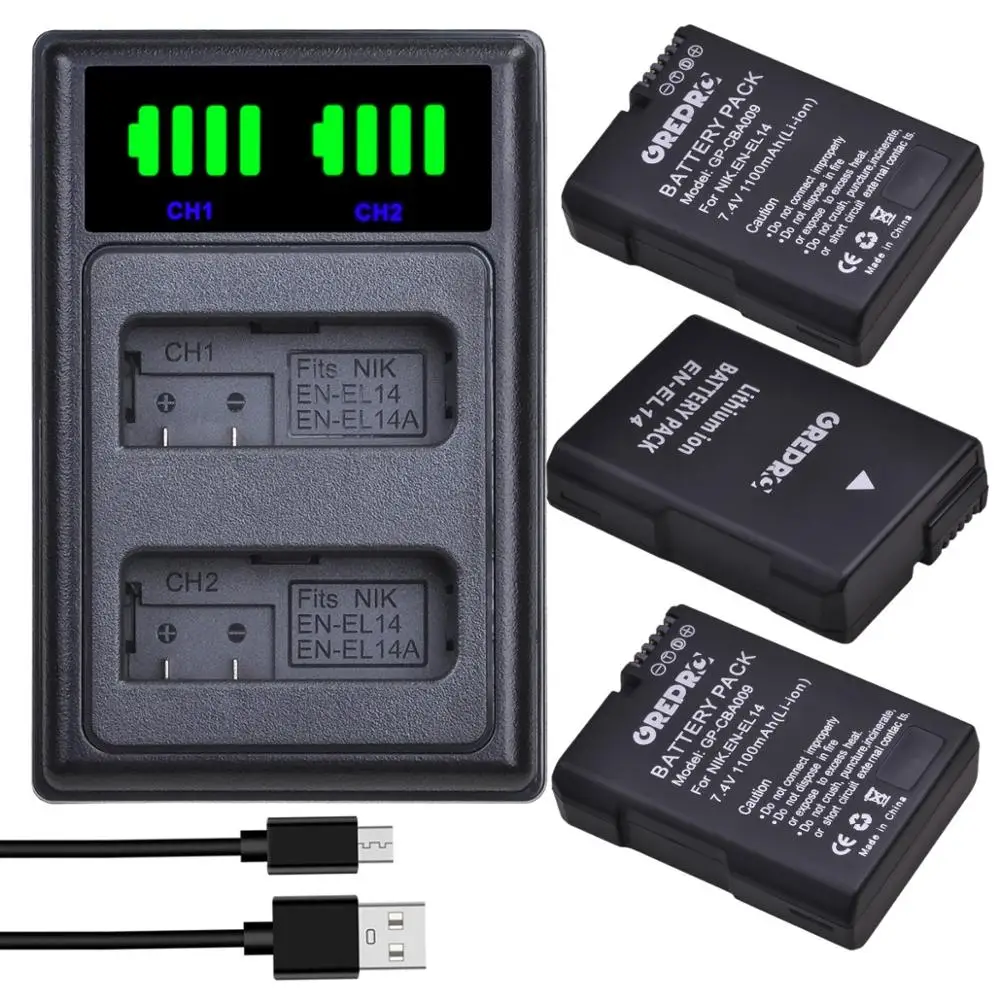 

3x 1100mAh EN-EL14 EN-EL14A EN EL14 EL14A Battery + Type-C LED Charger for Nikon P7800 P7700 P7000 D5600 D5300 D5200 D3500 D3400