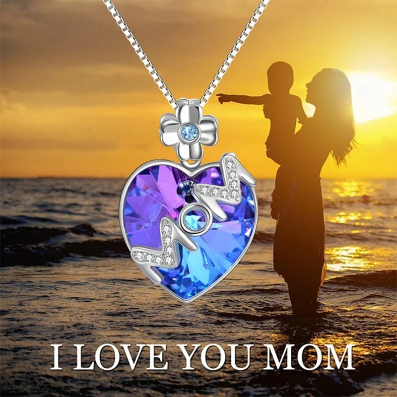 

Lettered 'MOM' Love Heart Flower Chain Pendant Crystal Necklace For Women Birthday Gift Mother's Day Best Gift Accessories