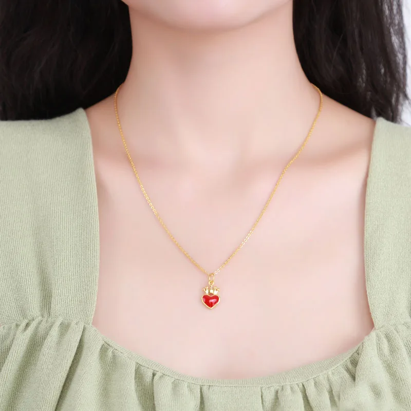 

New Arrival 24K Yellow Gold Pendant Women Red Heart crown Necklace Pendant
