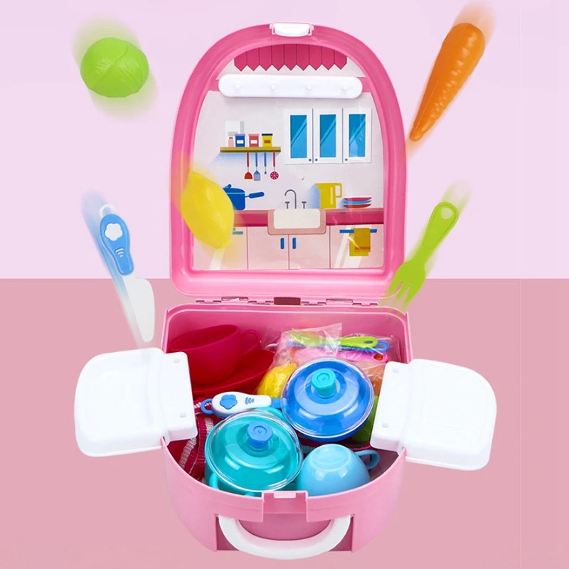 

Kids Toys Backpack Children Pretend Play Toys Simulation Beauty Role Play Carry Box Playset