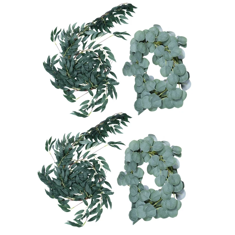 

2X 6.5-Foot Artificial Eucalyptus Garland And 6-Foot Willow Vine Branches Leaf Garland String Door Green Garland Set