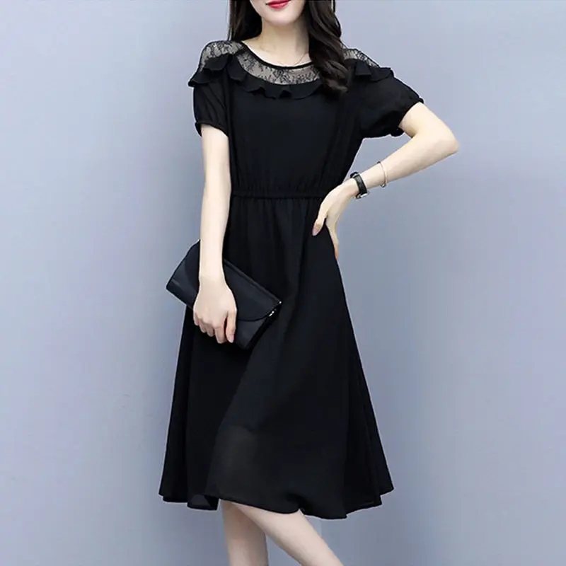 

Women Spring Summer Style Dress Women's O-Neck Lace Sexy Lace Short Sleeve Casual Slim Black Temperament Ladies Dress SS3036