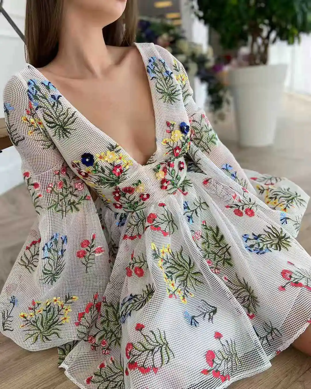 

Floral Dress Sexy Mesh Embroidery Long-sleeve Tulle Femme Vestidos Robe Flowy Flower Summer Dress Women 2022 Show Dress Ruffle