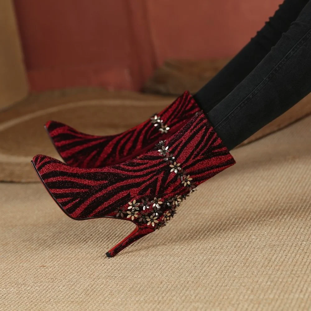 

Womens Ankle Boots Sequins Flowers Bling Leopard Pattern Stilettos High Heel Shoes Sexy Luxury New Arrival 2021