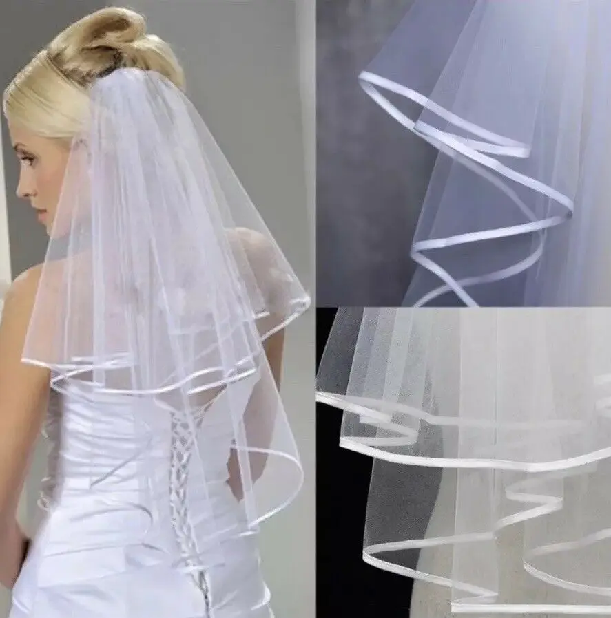 

Bridal Wedding Ivory Veil 2 Tier With Metal Comb Satin Ribbon Edge Elbow Length