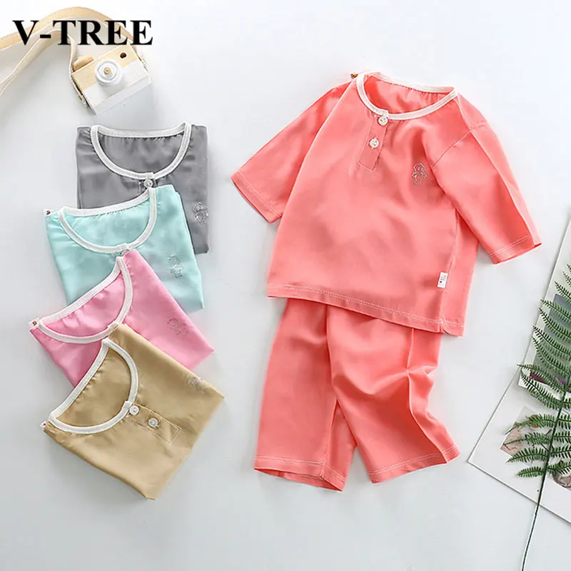 Комплекты летней одежды для детей хлопковые шелковые пижамы девочек одежда сна