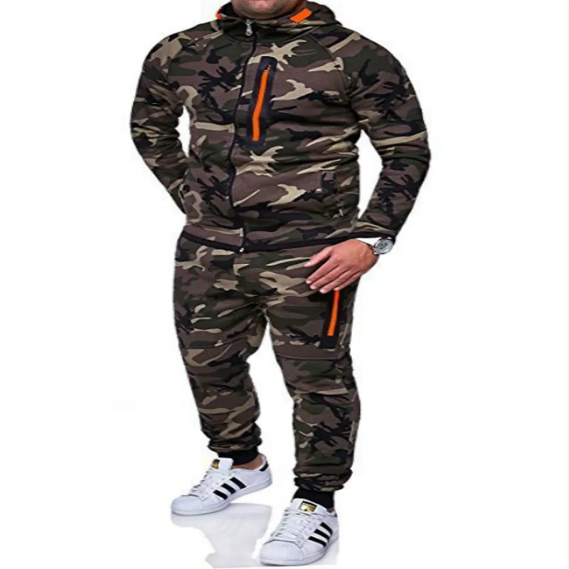 

2020 Autumn New Fashion Hooded Sporting Suit Camouflage Sweatshirts Camo Men's Sportswear Zipper Casual Tracksuit Two Piece Set