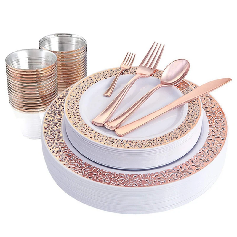 

1 Sets of Rose Gold Disposable Tableware Set Cup Plastic Plate Table Knife Wedding Banquet Supplies Retail
