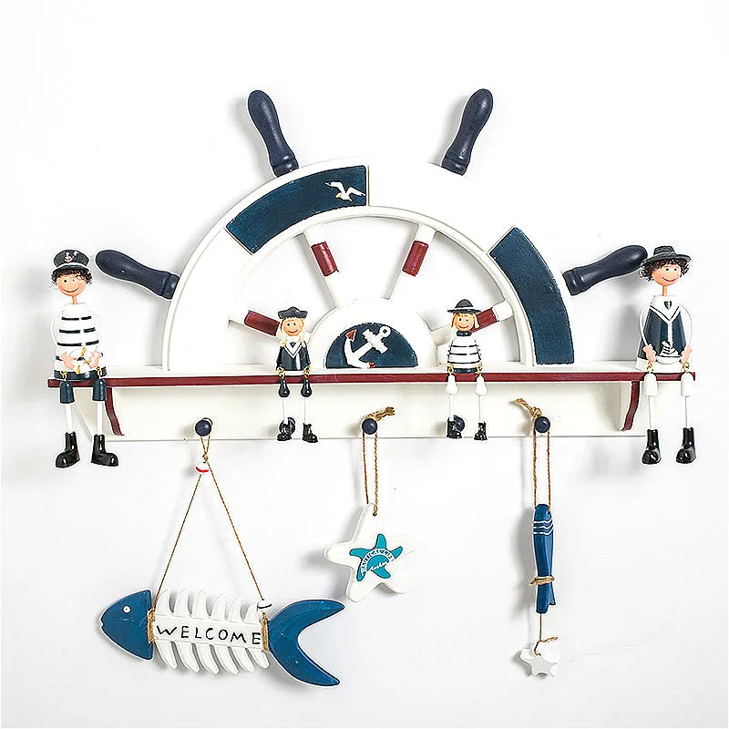 

Mediterranean Wall Key Holder Wood Rack Shelf Wooden Shelf Hook Rudder Shape Bag Hat Clothes Hanger Hooks Home Wall Decoration
