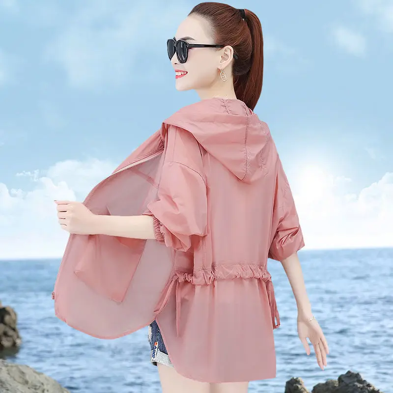 

2021 Summer Women's Long Sleeve Causal Jacket Female Solid Color Hooded Coat Thin Sun Protection Jackets Outwear Y303