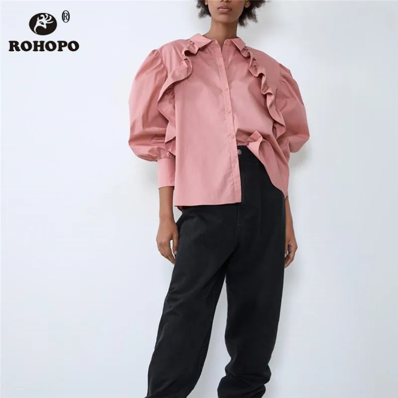 ROHOPO Поплиновая ткань розовая блузка с длинным рукавом оборками спереди пышным