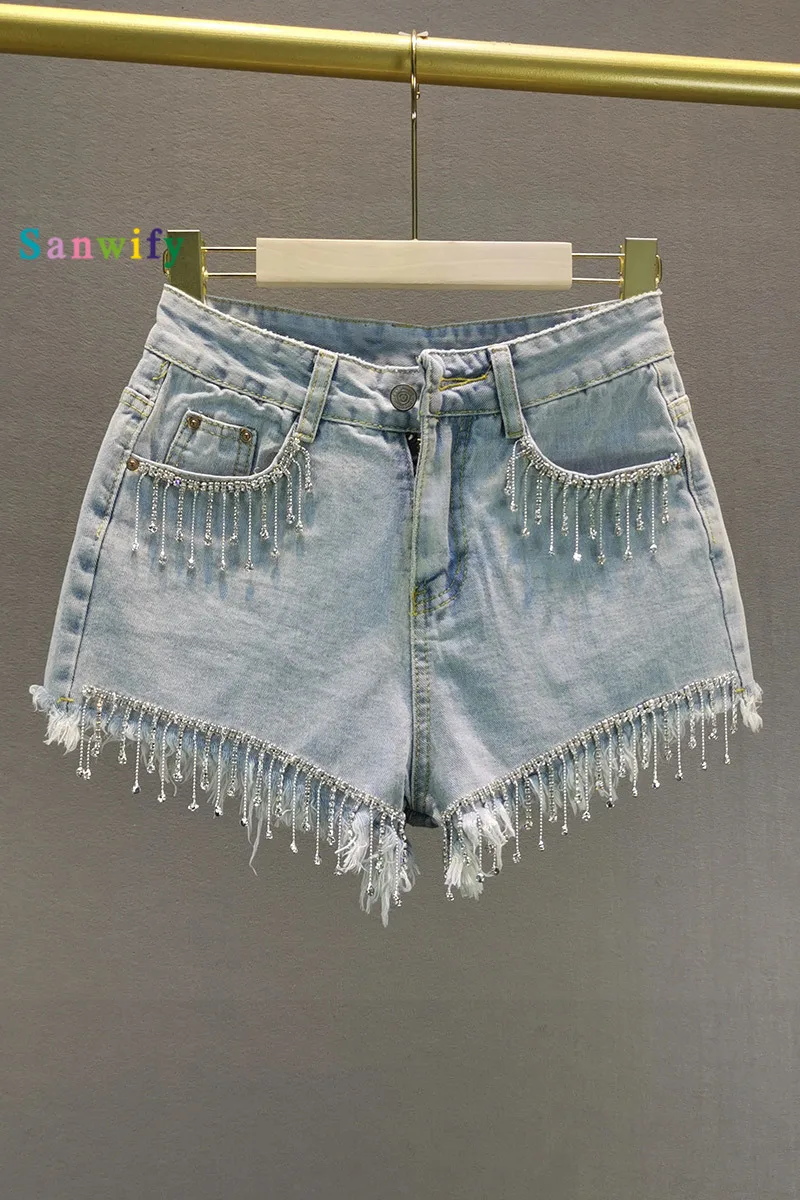 

Shorts Women 2020 Summer New Style High Waist Ripped Burrs Heavy Rhinestone Denim Shorts Pants