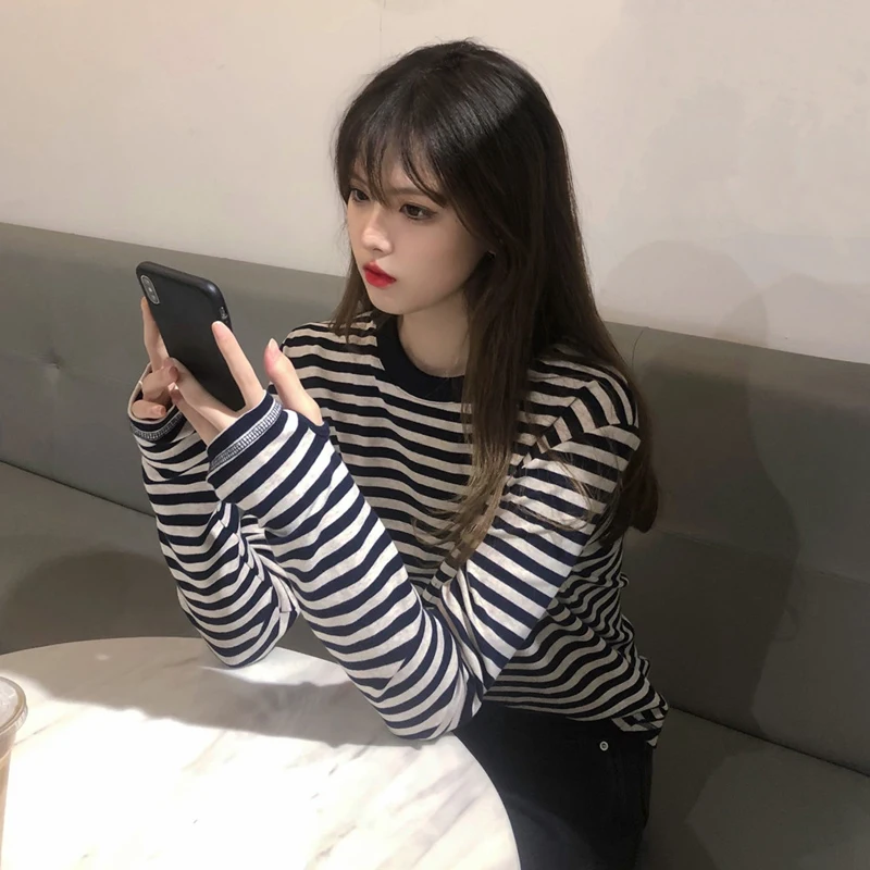 Полосатая футболка с длинным рукавом Женская весенне-осенняя рубашка новинка 2021