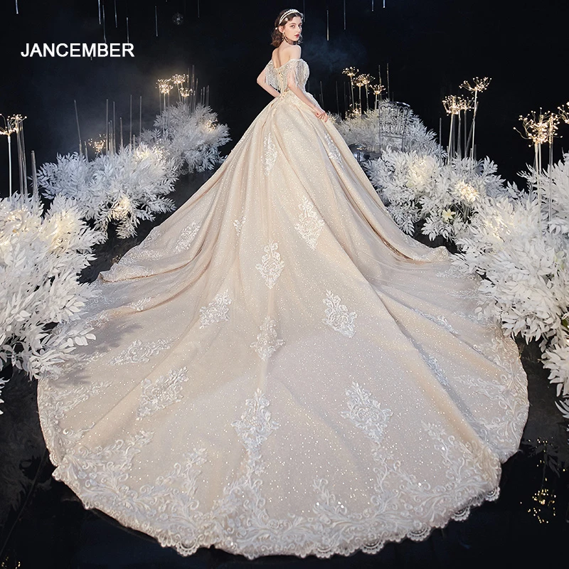 

ASN043 Sexy Wedding Dress Champagne Tassels Long Train A-line Bride robe de ceremonie femme pour mariage elbise uzun ślubne