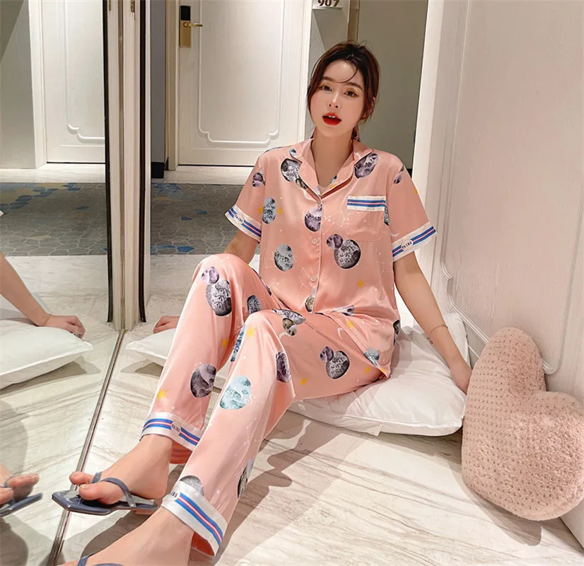 

FZSLCYIYI Summer Luxury Fashion Tie Dye Satin Women's Long Sleeve Pajamas Set Sleepwear Silk Like Homewear Nightwear