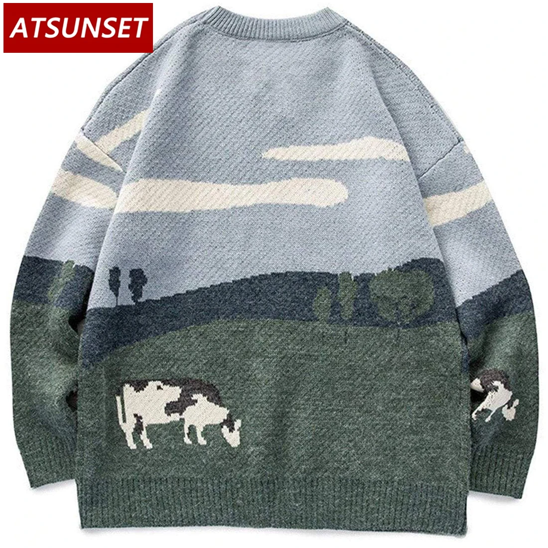 Вязаный свитер ATSUNSET с коровьим узором уличная одежда в стиле хип-хоп вязаный