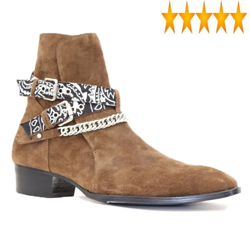 

Ботинки Челси мужские из натуральной замши, Дизайнерские повседневные ботинки в британском стиле, с острым носком, с цепочкой и пряжкой, для...