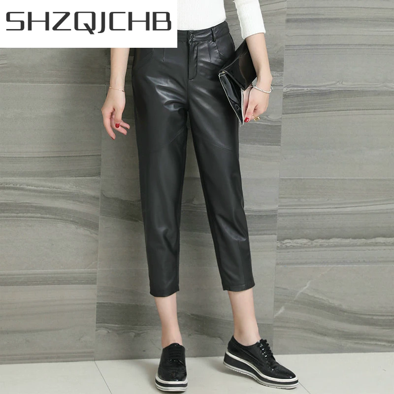 

Женские брюки большого размера SHZQ, черные брюки из натуральной овечьей кожи, уличная одежда, женские повседневные брюки, LWL1607