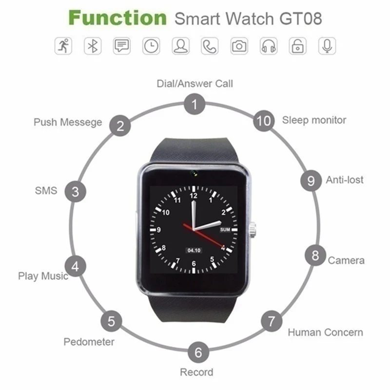Смарт часы GT08 Plus с Bluetooth металлические слотом для sim карты Push сообщение телефона